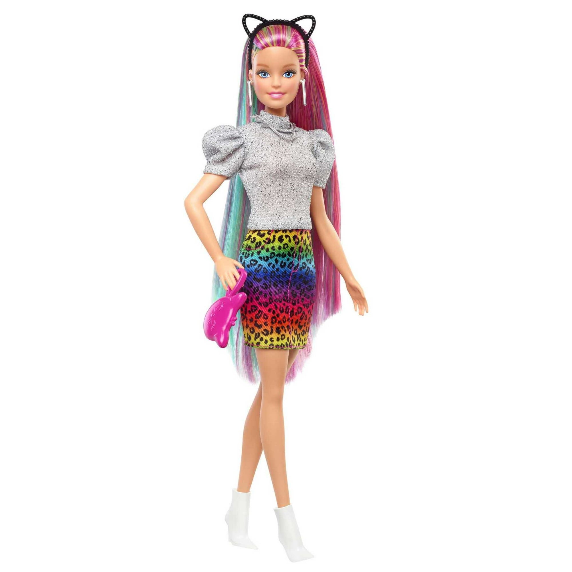Barbie Leopard Rainbow Hair Doll with Color-Change Hair & Styling Accessories, Blue Eyes