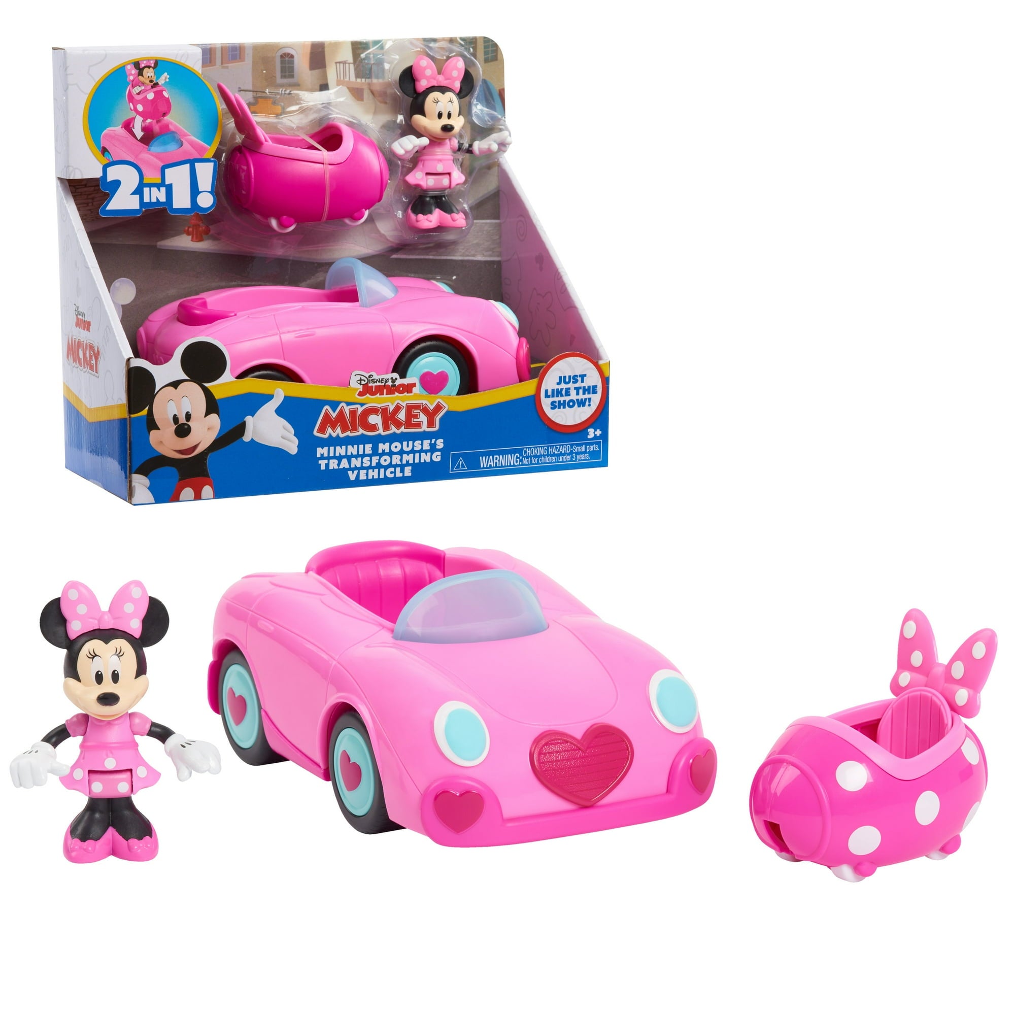 Disney Junior Mickey Mouse Funhouse Transforming Vehicle, Minnie Mouse, Pink Toy Car, Preschool, Officially Licensed Kids Toys for Ages 3 Up, Gifts and Presents