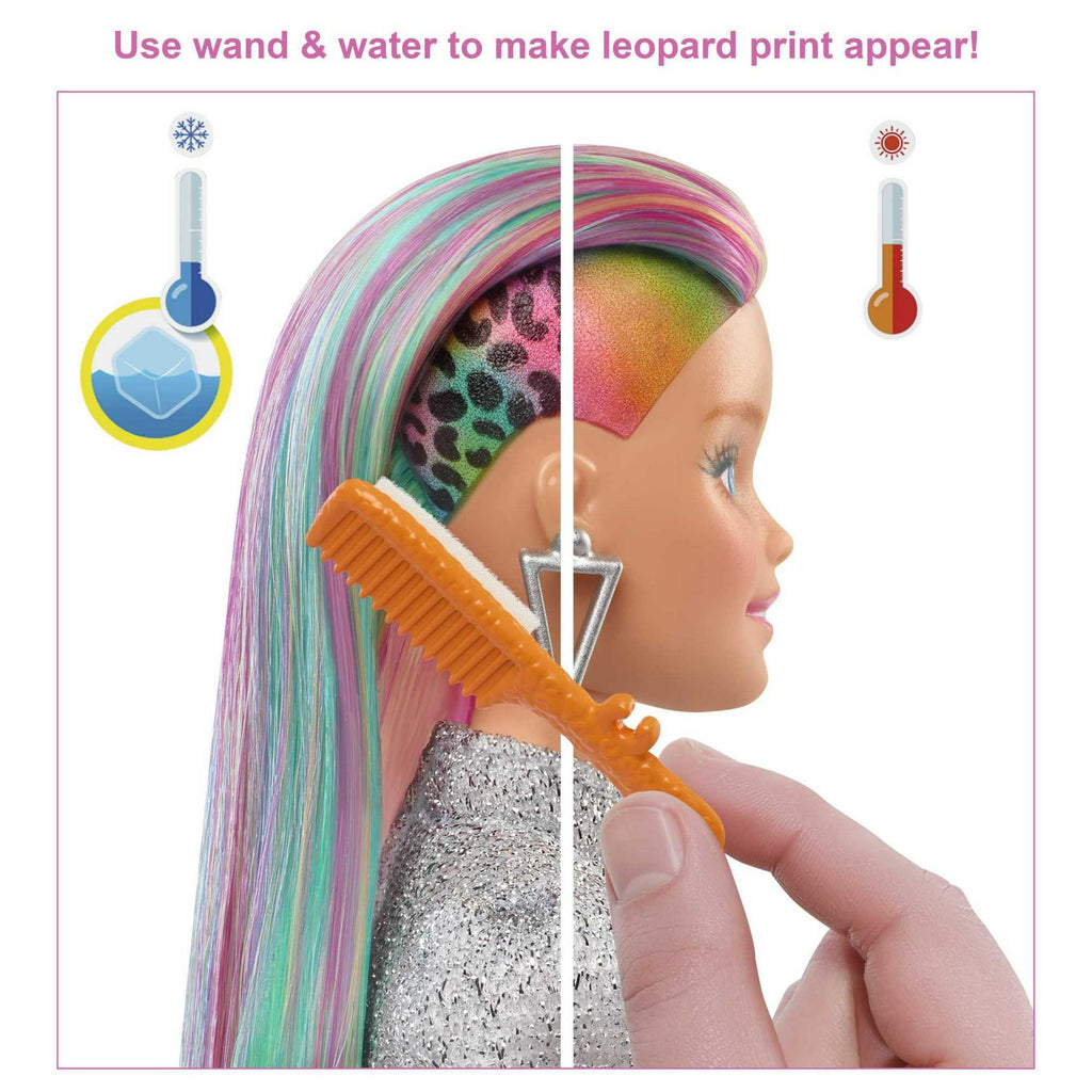 Barbie Leopard Rainbow Hair Doll with Color-Change Hair & Styling Accessories, Blue Eyes