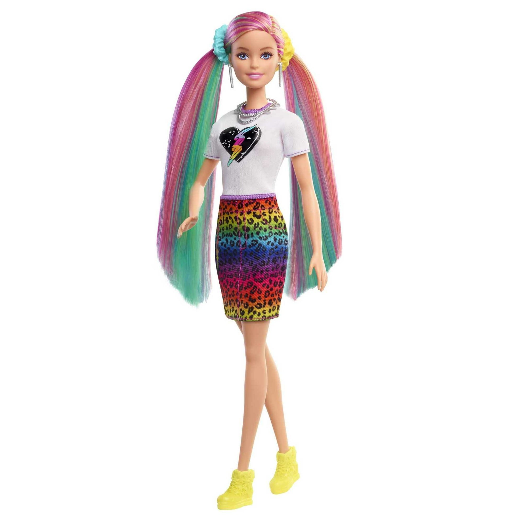 Barbie Leopard Rainbow Hair Doll with Color-Change Hair & Styling Accessories, Blue Eyes