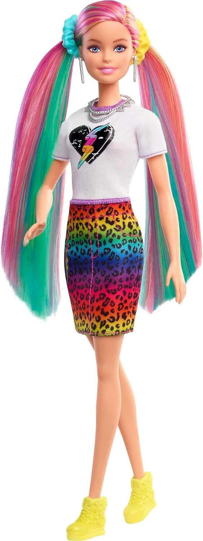 Barbie Leopard Rainbow Hair Doll with Color-Change Hair & Styling Accessories, Blue Eyes