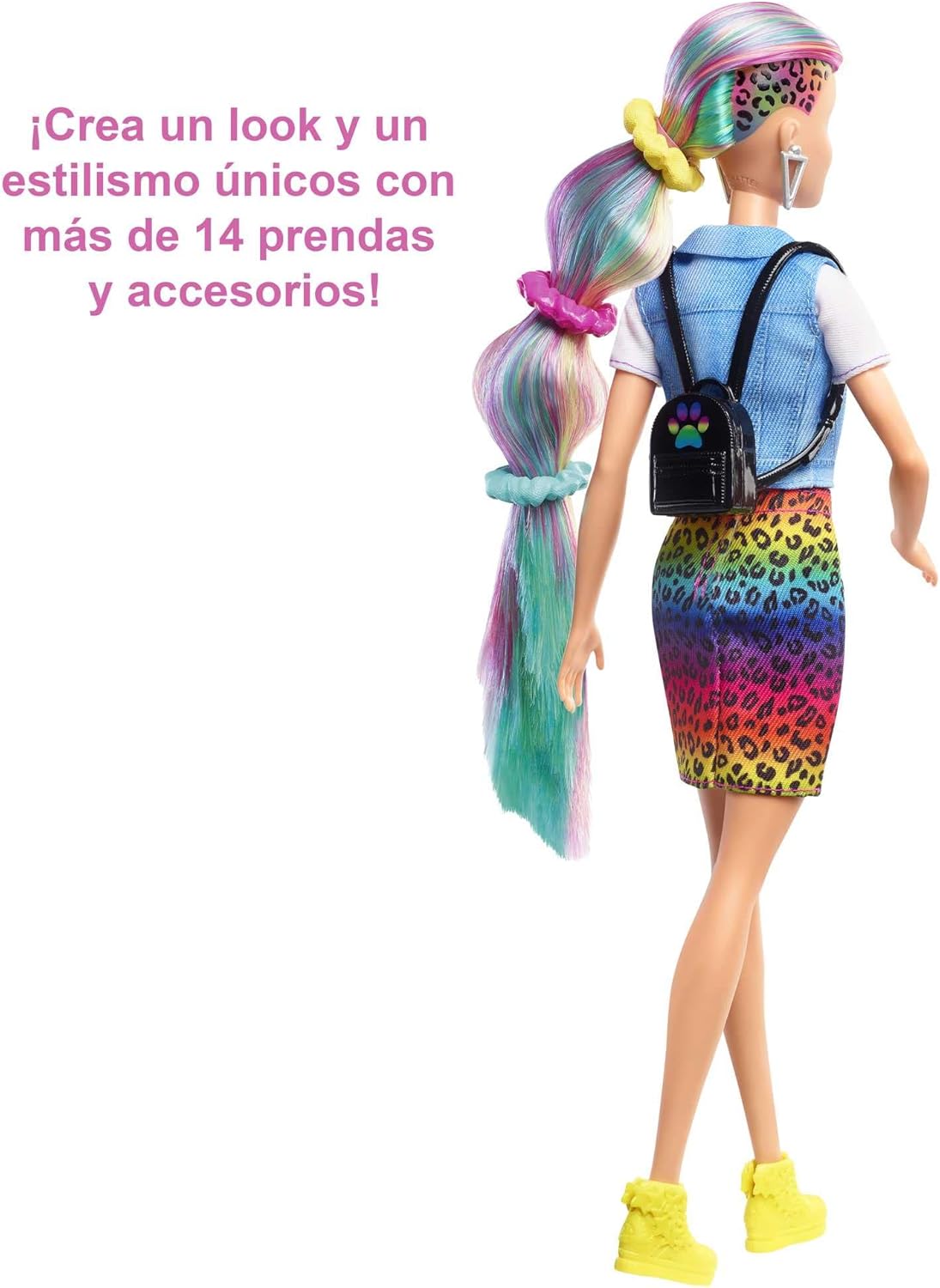 Barbie Leopard Rainbow Hair Doll with Color-Change Hair & Styling Accessories, Blue Eyes