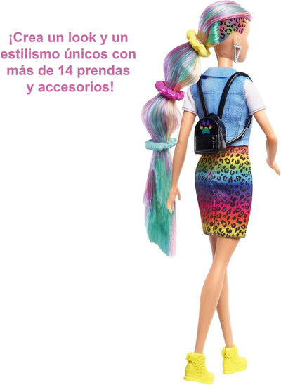 Barbie Leopard Rainbow Hair Doll with Color-Change Hair & Styling Accessories, Blue Eyes