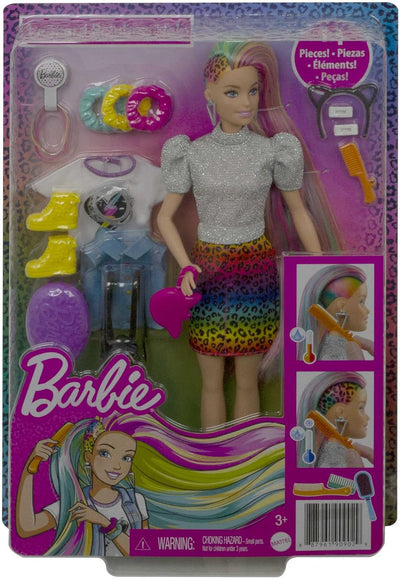 Barbie Leopard Rainbow Hair Doll with Color-Change Hair & Styling Accessories, Blue Eyes