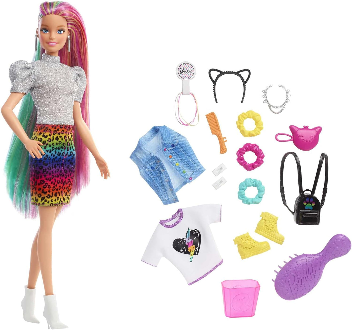 Barbie Leopard Rainbow Hair Doll with Color-Change Hair & Styling Accessories, Blue Eyes