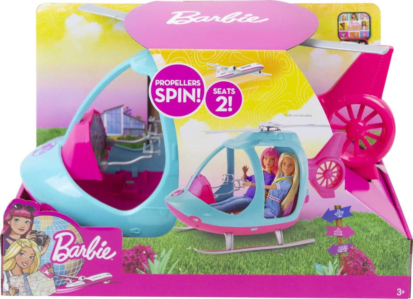 Barbie Travel Pink and Blue Helicopter with Spinning Rotors