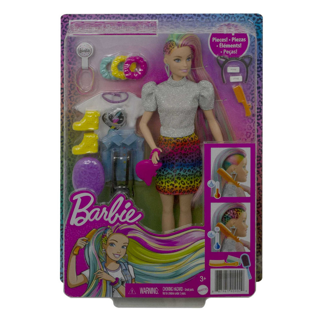 Barbie Leopard Rainbow Hair Doll with Color-Change Hair & Styling Accessories, Blue Eyes