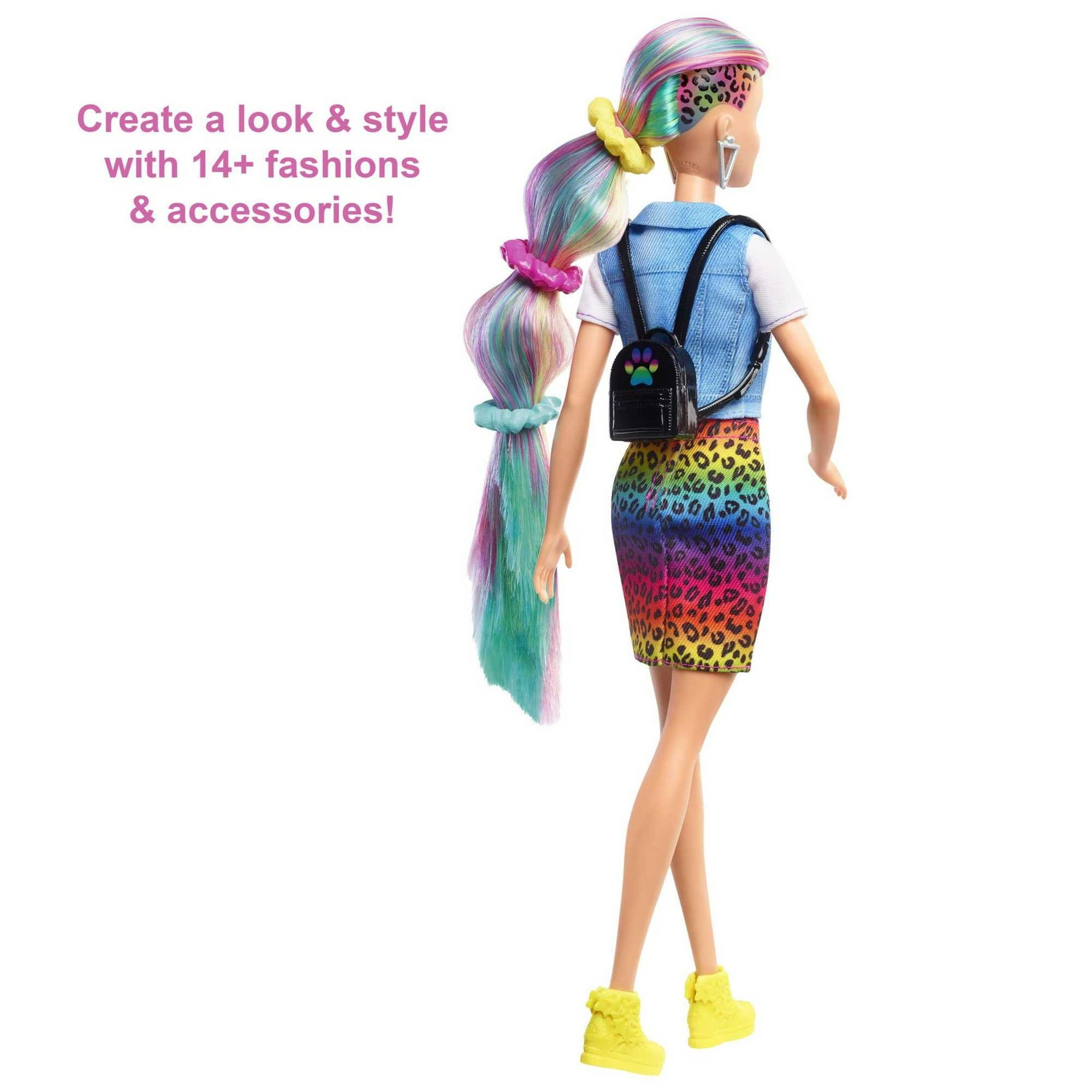 Barbie Leopard Rainbow Hair Doll with Color-Change Hair & Styling Accessories, Blue Eyes