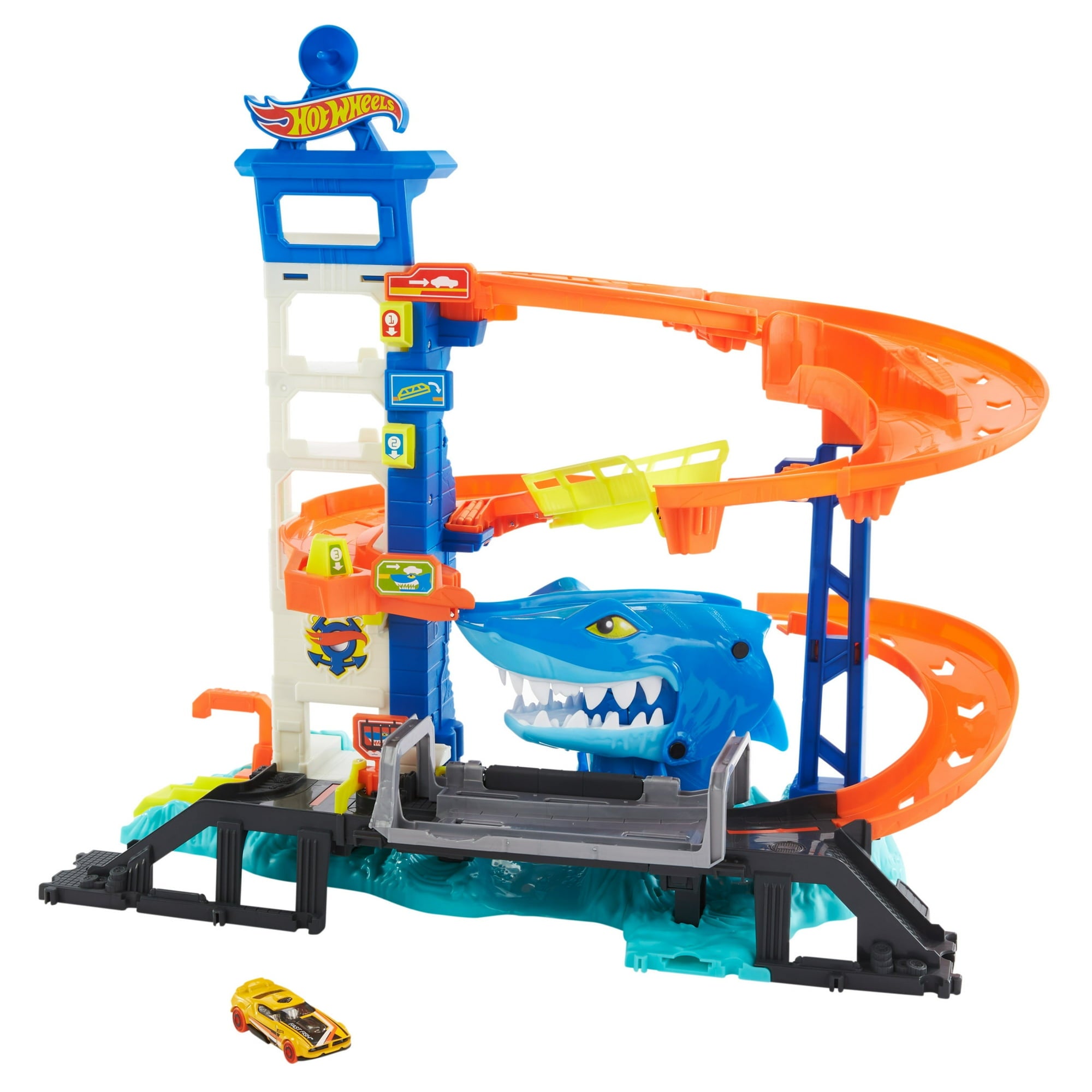 Hot Wheels City Attacking Shark Escape Playset with 1 Toy Car in 1:64 Scale, Length 21.3 in